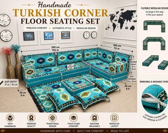 Turkish Corner Floor Seating Set; Modular L-Shaped Arabic Majlis, Kilim Pattern Sofa, Cushions&Pillows