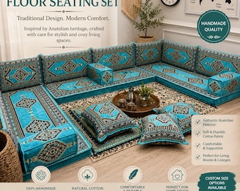 Conjunto de assentos de chão estilo Anatólia; almofadas de design tradicional, sofá moderno e confortável, travesseiros e pufe otomano.