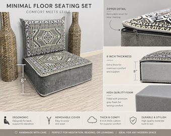 Minimal Floor Seating Set; 8 inc Thick Cushion, Gray Foam Sofa, Removable Zipper Cover