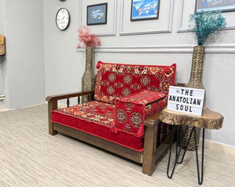 Turkish Wooden Floor Sofa Set; Traditional Divan Seating, Oriental Single Furniture, Cushion and Backrest