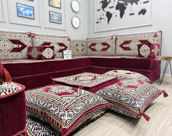 Burgundy Arabic Majlis Cushions Set; Boho Modular Floor Sofa Seating, Living Room Cozy Couch