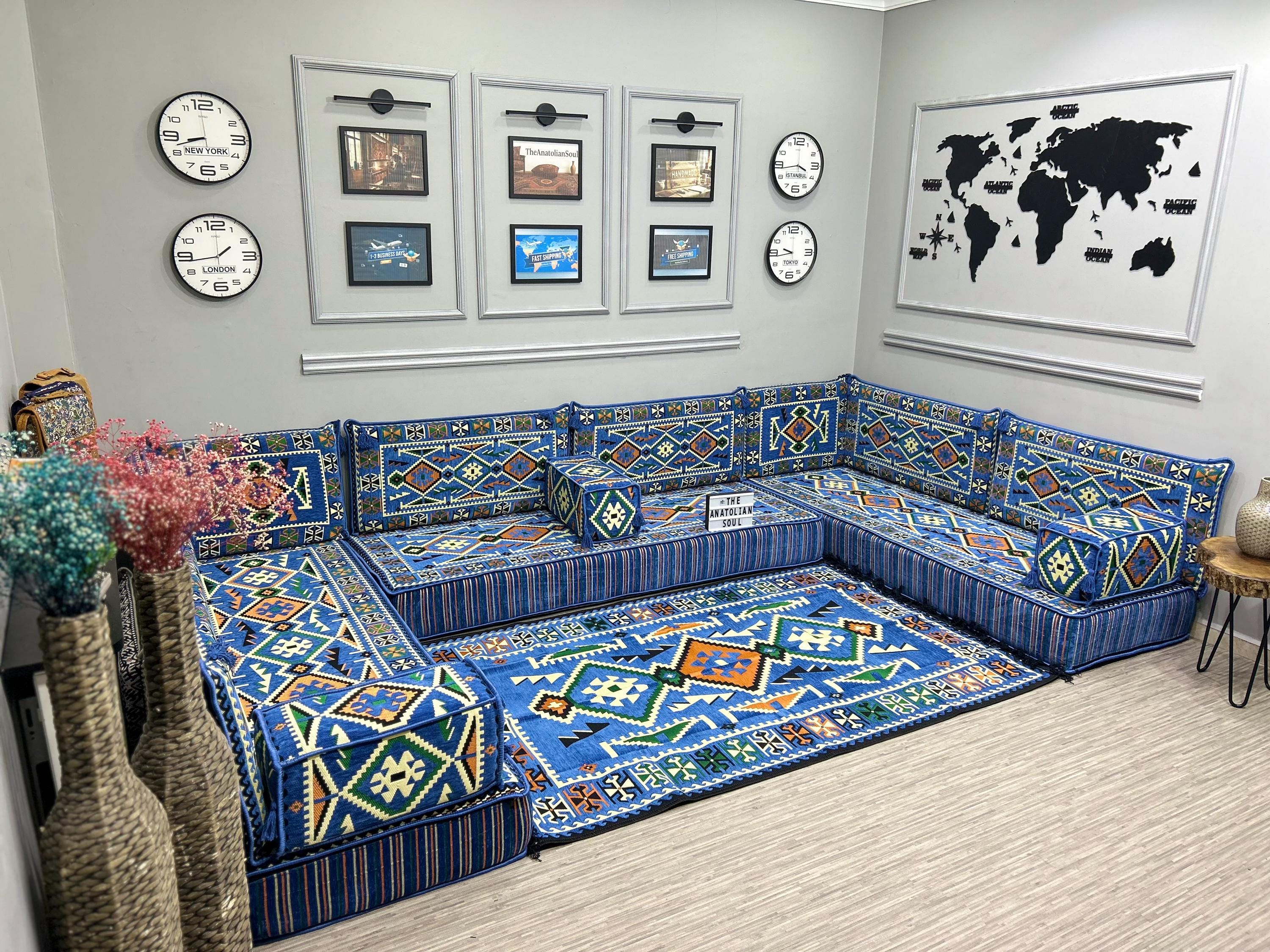 Blue Turkish Floor Seating Set, Boho Corner Cushions , Oriental