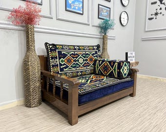 Modular Ottoman Floor Couch, Dark Blue Moroccan Sofa, Wooden Bench, Majlis Seating