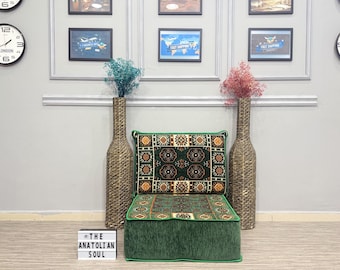 Anatolian Floor Sofa Set; Green Turkish Kilim Low Seating, Boho Oriental Decor, Cushion&Backrest