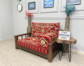 Arabic Floor Seating Set with Wooden Bench; Red Turkish Style Floor Sofa, Ottoman & Cushions