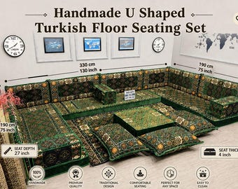 Handmade Green Arabic Majlis Seating Set; U Shaped Sectional Sofa, Ottoman Couch, Cushions & Rug
