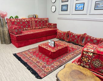 Handmade Red Majlis Seating Set, Arabic Kilim Sofa, Floor Cushions, Oriental Living Room Rug