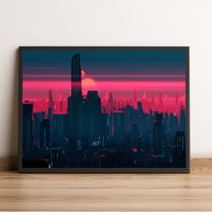 Pode incluir: Uma impress&atilde;o de arte digital emoldurada que retrata uma paisagem urbana futurista ao p&ocirc;r do sol. A obra apresenta arranha-c&eacute;us altos e azuis escuros em silhueta contra um c&eacute;u rosa e vermelho vibrante com dois s&oacute;is. A impress&atilde;o &eacute; exibida em uma superf&iacute;cie de madeira.