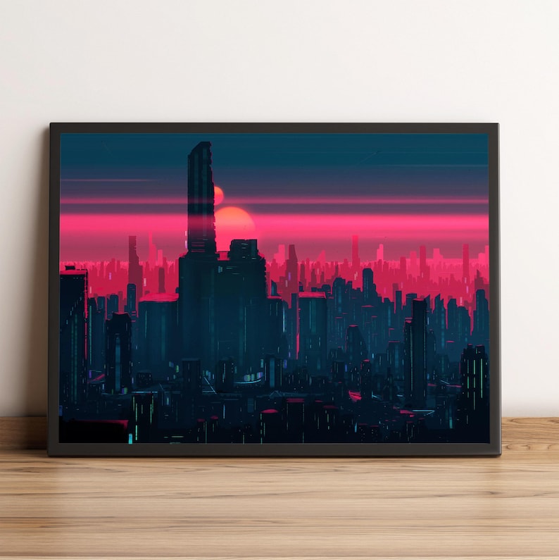 Pode incluir: Uma impress&atilde;o de arte digital emoldurada que retrata uma paisagem urbana futurista ao p&ocirc;r do sol. A obra apresenta arranha-c&eacute;us altos e azuis escuros em silhueta contra um c&eacute;u rosa e vermelho vibrante com dois s&oacute;is. A impress&atilde;o &eacute; exibida em uma superf&iacute;cie de madeira.