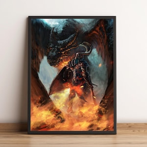 May include: A framed fantasy art print depicting a knight facing a dragon in a fiery scene. The knight is armored and holds a sword, while the dragon looms above. The artwork features a dark color palette with orange and red flames.