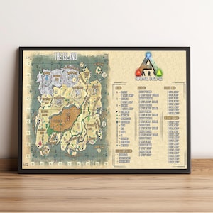 May include: Framed map print of "The Island" from ARK: Survival Evolved. The map features a detailed, colorful layout with grid lines, geographical features, and text labels. The game's logo is displayed on the right.
