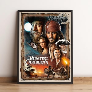 May include: Framed movie poster for "Pirates of the Caribbean: The Curse of the Black Pearl." The artwork features portraits of the main characters, a pirate ship, and the film's title in a stylized font. The poster has a vintage, aged look.