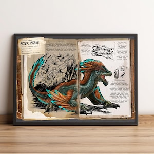 Może przedstawiać: Oprawiona grafika przedstawiająca Rock Drake'a, fikcyjne stworzenie, w stylu vintage. Ilustracja zawiera szczegółowe szkice i tekst. Rock Drake jest przedstawiony w odcieniach niebieskiego, pomarańczowego i zielonego, z ręcznie rysowaną estetyką.