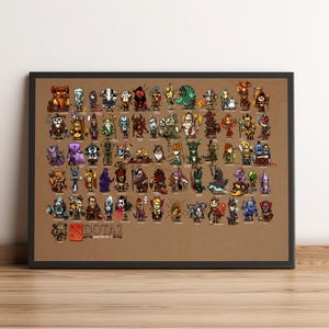 May include: Framed poster featuring numerous pixelated characters from the video game Dota 2. The characters are arranged on a brown background, with the game's logo at the bottom. The frame is black.