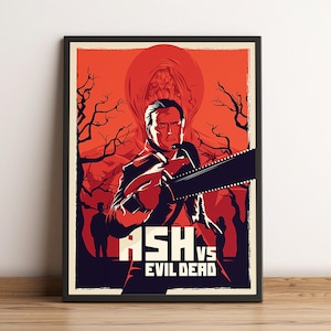 Puede incluir: Póster enmarcado con una ilustración estilizada de "Ash vs Evil Dead". La obra muestra a un hombre con una motosierra, sobre un fondo rojo y negro, con el título de la película. El póster tiene un marco negro.