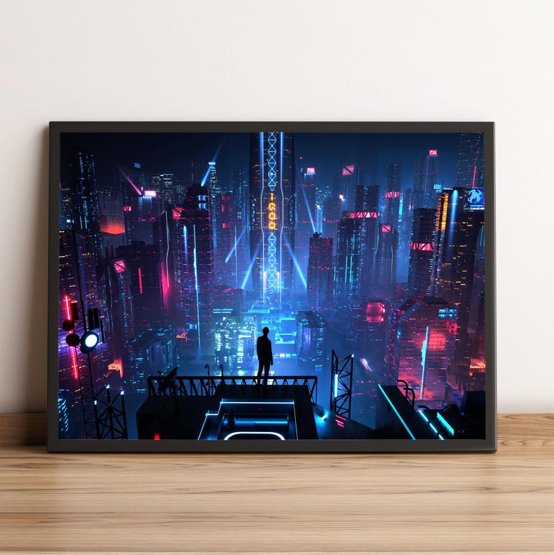 Pode incluir: Impress&atilde;o art&iacute;stica emoldurada de uma paisagem urbana futurista com luzes de n&eacute;on. Uma figura silhueta est&aacute; em uma plataforma, com vista para os edif&iacute;cios imponentes. A obra apresenta azuis, rosas e roxos vibrantes, criando uma est&eacute;tica cyberpunk.