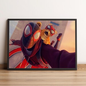 K&ouml;nnte beinhalten: Gerahmter Kunstdruck mit einer Comic-Illustration eines Superhelden und einer Katze. Der Superheld tr&auml;gt eine schwarz-rote Maske und einen Anzug, w&auml;hrend die Katze eine passende Maske tr&auml;gt. Der Hintergrund zeigt ein Geb&auml;ude und einen Sonnenuntergang.