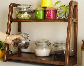 Estante organizador de encimera de cocina de 2 niveles de madera maciza de teca – Soporte para especias