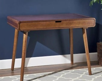 Mid-Century Modern Teak Wood Desk with Drawer | Minimalist Study Workstation Furniture