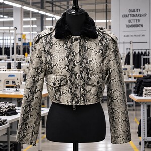 Women's Cropped Snake, Python Print Short Gorgeous Jacket with Fur Collar, Stylish Biker