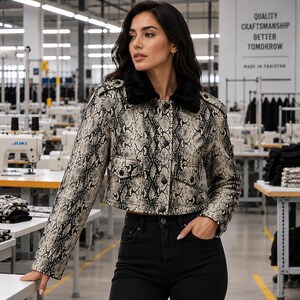 Women's Cropped Snakeskin Leather Jacket with Fur Collar, Biker Style Python Print