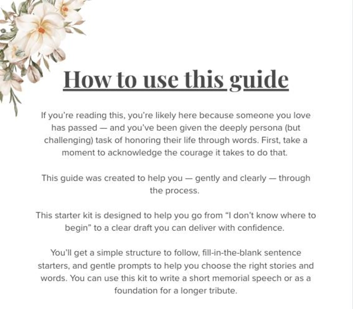 Memorial Toasts Memorial Speech Starter Kit • Printable Funeral Tribute Template ...