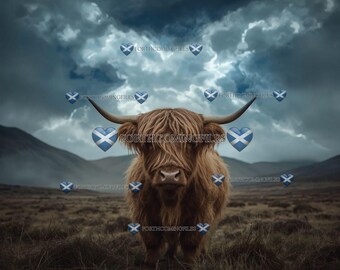 May include: A Highland cow with long, shaggy brown fur stands in a field of tall grass. The cow has large horns and is set against a backdrop of mountains and a stormy sky. The image has several Scottish flag heart graphics.
