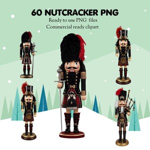 May include: An image featuring five decorative nutcrackers in various poses. The nutcrackers are dressed in black and red uniforms with gold accents, and some hold swords or musical instruments. The text "60 NUTCRACKER PNG" is at the top.