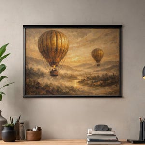 Arte vintage de globos aerostáticos / Pintura al óleo de un amanecer dorado / Descarga digital para POD / Arte mural imprimible generado por IA