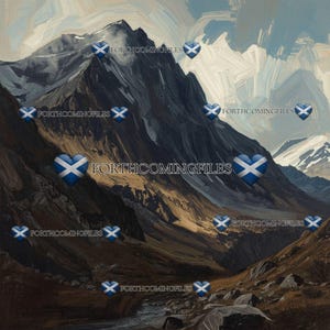 May include: An oil painting of a mountain range with a river in the valley. The artwork features a dark, imposing mountain with snow-capped peaks and a cloudy sky. The text "FORTHCOMINGFILES" is overlaid on the image.