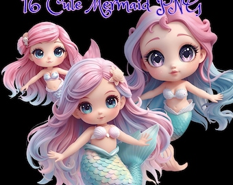 Paquete de imágenes prediseñadas de sirenas pastel kawaii: gráficos marinos PNG (descarga digital)