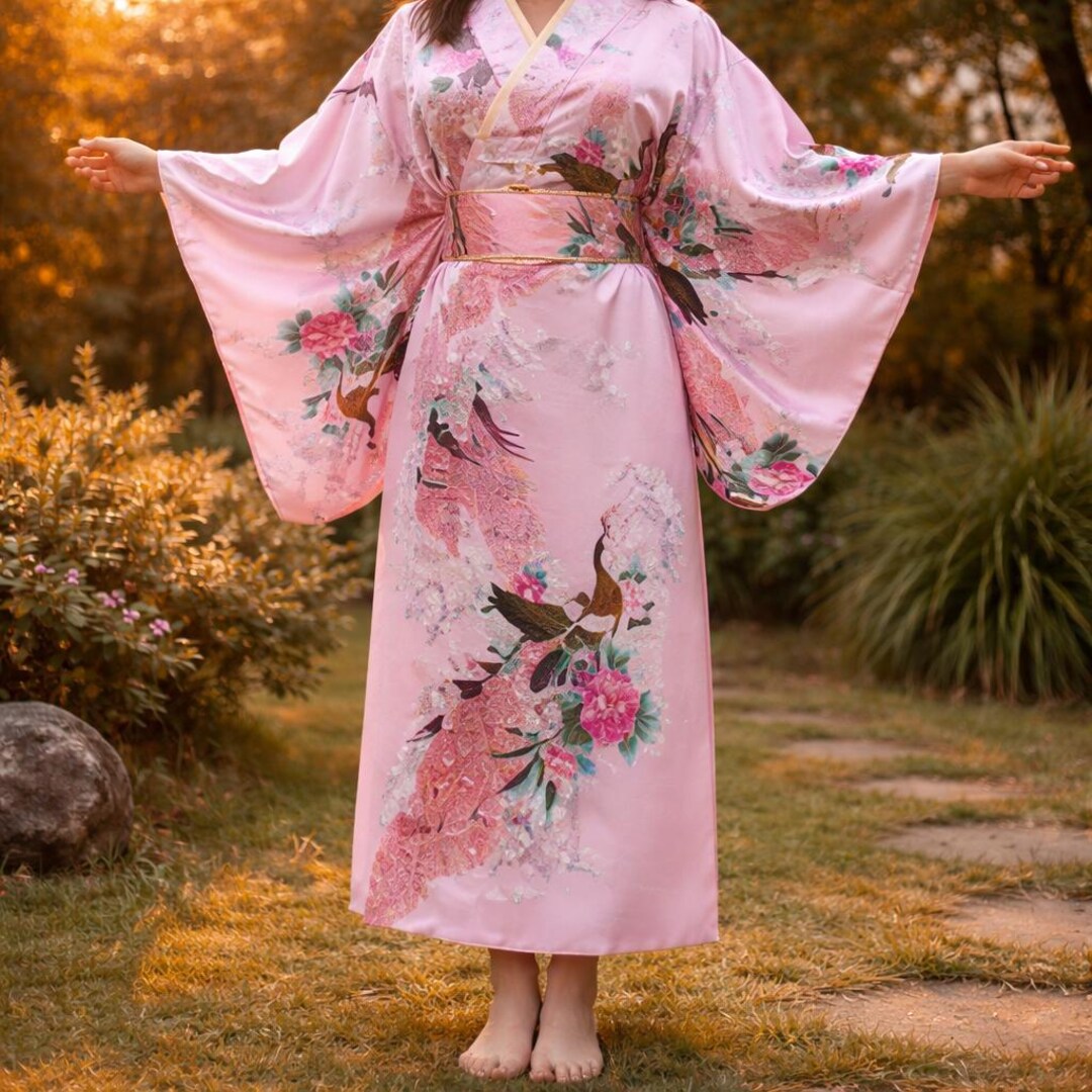 Satin Long Kimono Robe – Elegant Floral Japanese-style Wrap - Etsy