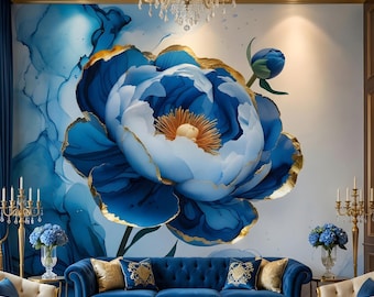 Royal Blue Gold Peony Art Print Set, luxe bloemendecor (digitale download)