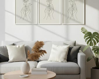 Floral line art print set: handen met bloemen (digitale download)