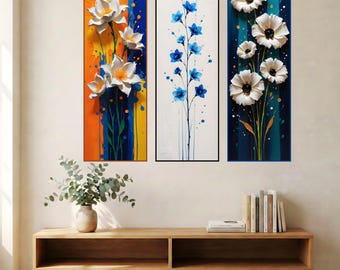 Gebloemde muurkunst drieluik, hoge smalle panelen (digitale download)