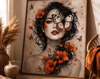 Vlinderoog vrouw print, portret verbrand oranje bloemen, mystieke vrouwelijke kunst aan de muur, digitale download