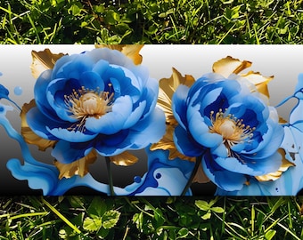 Panoramische print koningsblauwe pioen | Luxe gouden bloemenmuurkunst (digitale download)