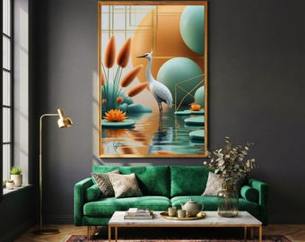 Zen Crane Art Print, blauwgroen abrikoos lotusbloem, moderne poster watervogels (digitale download)