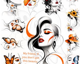 11 abstracte lijntekeningen van vrouwengezicht, mode-illustratie vlinder (digitale download)