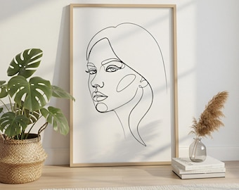 Minimalistische éénregelige vrouwengezichtprint: abstracte vrouwelijke kunst (digitale download)