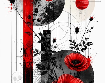 Roodzwarte abstracte muurkunst, Japanse sumi-inkt bloemenprint, zenbotanisch decor
