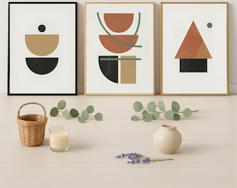 Set abstracte geometrische prints, terracotta saliegroen, modern uit het midden van de eeuw (digitale download)