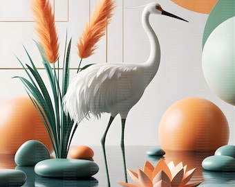 Zenkraanvogelprint, lotusbloem, Japanse minimalistische kunst (digitale download)