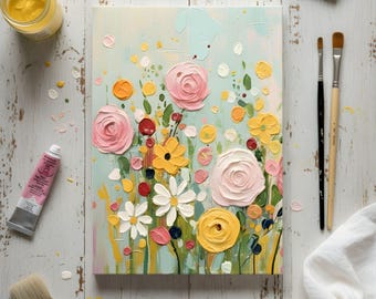 Getextureerde bloemenschilderij, pastelkleurige bloemboeket (digitale download)