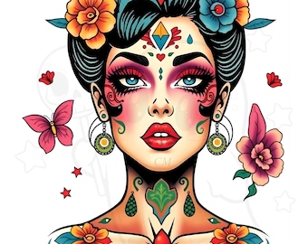 Bloementattoo vrouw png, boho vrouw gezicht clipart sublimatieontwerp, transparante achtergrond commercieel gebruik