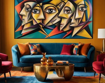 Abstracte print met kubistische gezichten | Panoramische geometrische kunst (digitale download)