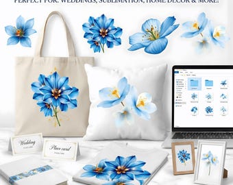 Blauwe bloem PNG-clipart, aquarel bloemen, afdrukbare muurkunst (digitale download)