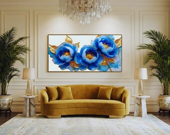 Panoramische muurkunst blauwe en gouden pioenroos – Luxe alcoholinktprint (digitale download)