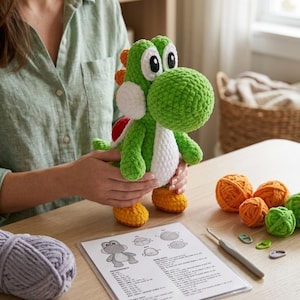 May include: A handmade green crochet Yoshi doll with white, orange, red, and yellow accents. The plush toy is held by a person. Crochet supplies, including yarn and a pattern, are on the table.