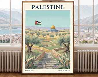 May include: A framed art print featuring a landscape scene of Palestine. The print includes the word "PALESTINE" at the top, a flag, a golden-domed building, and a stone path. The bottom of the print reads "MIDDLE EAST" and coordinates.
